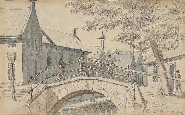 Wall Art - Drawing - A Bridge Over A Canal In Winschoten by Martinus Rorbye