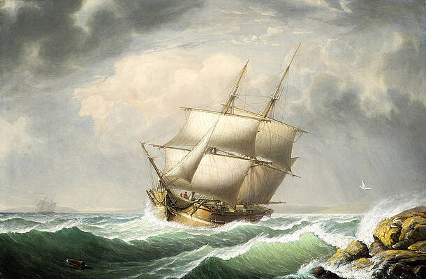 Brig Off the Maine Coast Print by Fitz Henry Lane