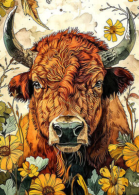 Wall Art - Drawing - Buffalo watercolor animal art 4 #1 by Justyna Jaszke