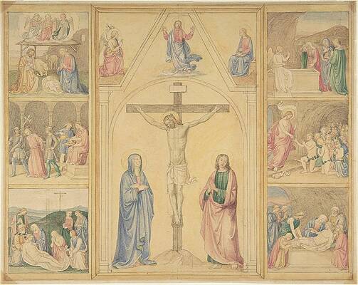 Wall Art - Painting - Christ On The Cross With Six Scenes From The Life Of Christ by Eduard Jakob Von Steinle