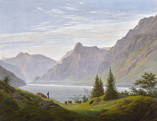 Landscape With Mountain Lake, Morning Print by Caspar David Friedrich
