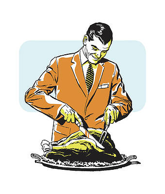 Wall Art - Drawing - Man Ready to Carve Holiday Turkey #1 by CSA Images