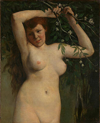 Nude with Flowering Branch Print by Gustave Courbet