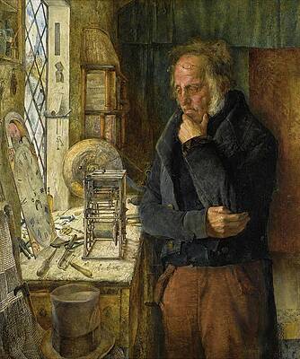 Wall Art - Painting - Our Village Clockmaker Solving A Problem by James Campbell
