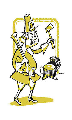 Wall Art - Drawing - Pilgrim Ready with Gun and Axe to Make Turkey into Thanksgiving Dinner #1 by CSA Images