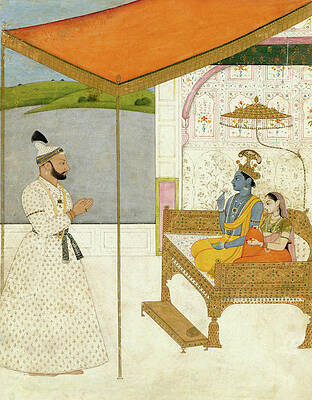 Wall Art - Painting - Raja Balwant Singh Revering Krishna and Radha. #1 by Attributed to Nainsukh