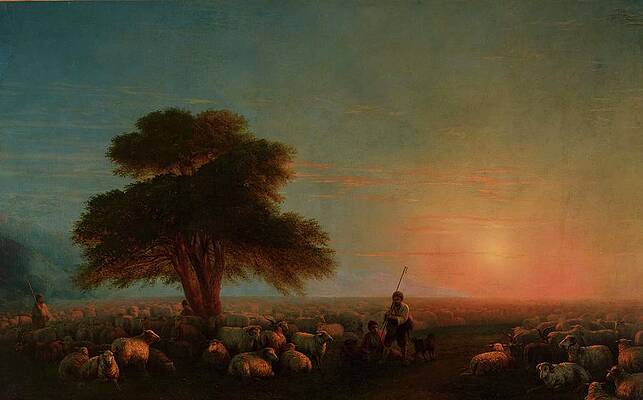 Wall Art - Painting - Shepherds With A Flock Of Sheep by Ivan Konstantinovich Aivazovsky