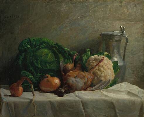 Wall Art - Painting - Still Life With Vegetables, Partridge, And A Jug by Adolphe-felix Cals