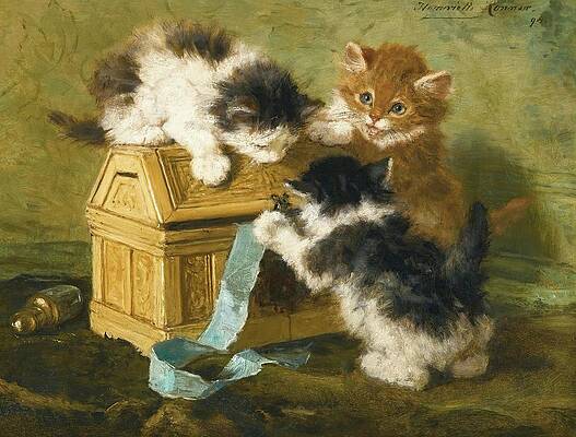 Wall Art - Painting - Three Kittens With A Casket And Blue Ribbon by Henriette Ronner-knip