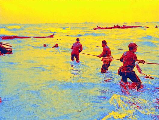 U S Troops Use A Lifeline To Rescue Several Men From A Landing Craft That Was Sunk By Enemy Fire On Painting By Ahmet Asar