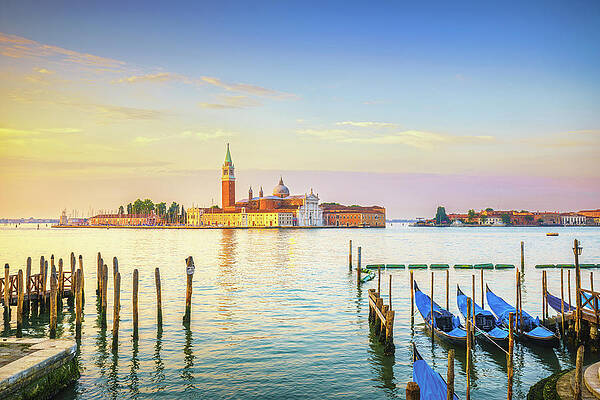 Wall Art - Photograph - Venice lagoon, San Giorgio church, gondolas and poles. Italy #1 by Stefano Orazzini