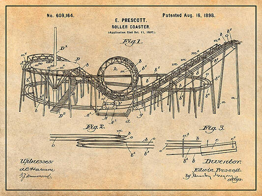Wall Art - Drawing - 1898 Prescott Roller Coaster Patent Print Antique Paper by Greg Edwards