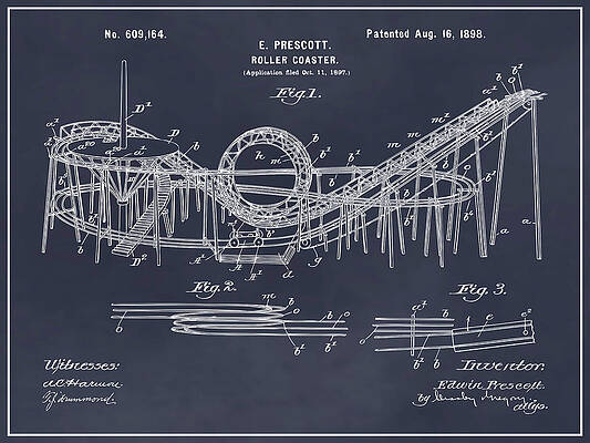 Wall Art - Drawing - 1898 Prescott Roller Coaster Patent Print Blackboard by Greg Edwards