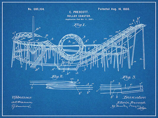 Wall Art - Drawing - 1898 Prescott Roller Coaster Patent Print Blueprint by Greg Edwards