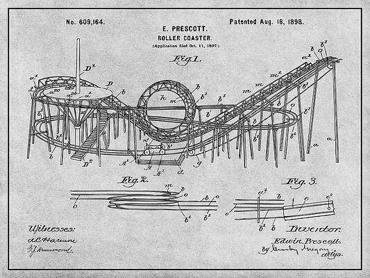 Wall Art - Drawing - 1898 Prescott Roller Coaster Patent Print Gray by Greg Edwards