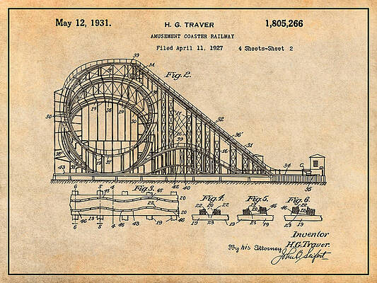 Wall Art - Drawing - 1927 Roller Coaster Antique Paper Patent Print  by Greg Edwards
