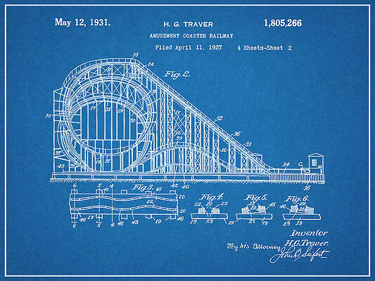 Wall Art - Drawing - 1927 Roller Coaster Blueprint Patent Print by Greg Edwards