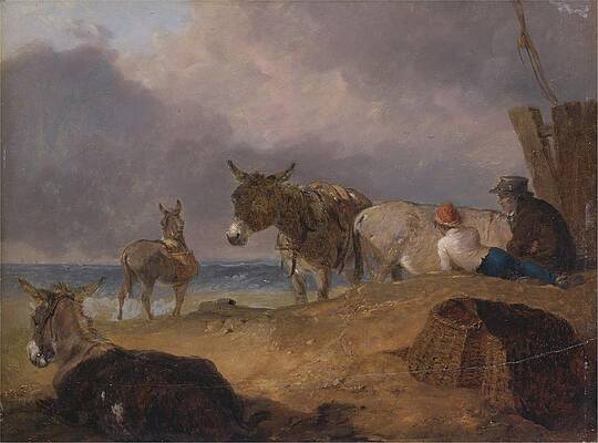 Wall Art - Painting - Donkeys And Figures On A Beach by Julius Caesar Ibbetson