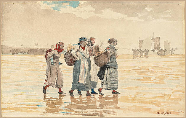 Four Fishwives on the Beach Print by Winslow Homer