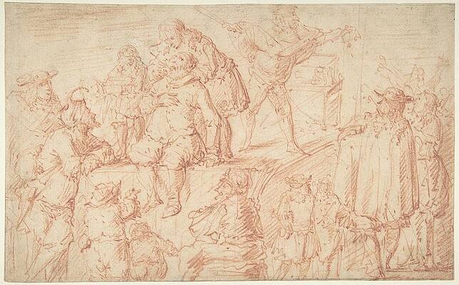 Wall Art - Drawing - Italian Comedians Performing In A Public Square by Jacob Matthias Weyer