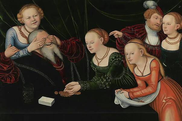 Wall Art - Painting - Old Man Beguiled By Courtesans by Lucas Cranach The Elder