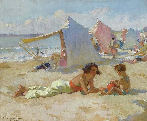 Wall Art - Painting - Playing On The Beach by Charles Atamian