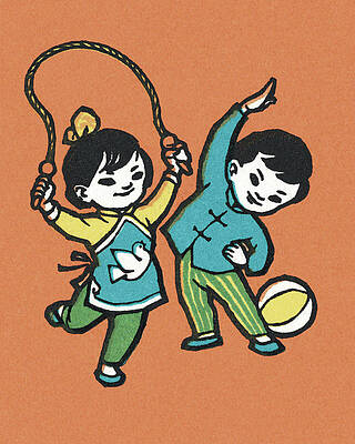 Wall Art - Drawing - Two Children Playing #3 by CSA Images