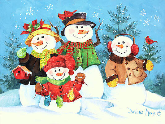 Painted pitcher with snowman and family.