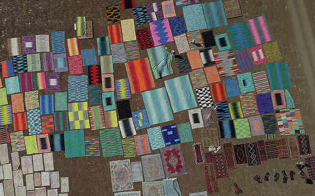 Wall Art - Photograph - Workers Lay out Carpets in Fields #5 by Umit Bektas