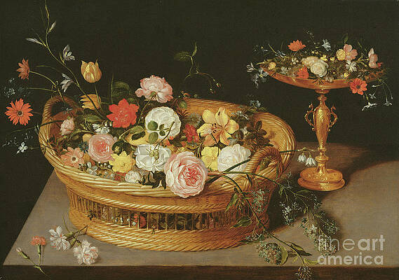 A basket of flowers with a tazza on a wooden ledge