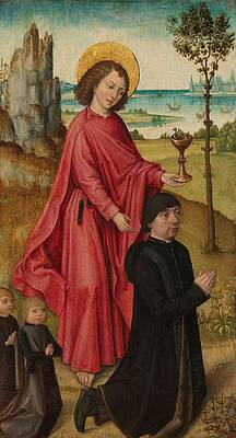 Wall Art - Painting - A Donor and his two Sons with Saint John the Evangelist, inner left wing of a triptych. by The -Bruges- Master of the Legend of Saint Ursula -workshop of-