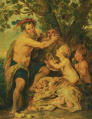 Wall Art - Painting - A Drinking Man With Putti And A Tiger by After Peter Paul Rubens