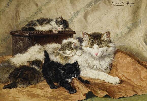 Wall Art - Painting - A Mother And Her Kittens by Henriette Ronner-knip