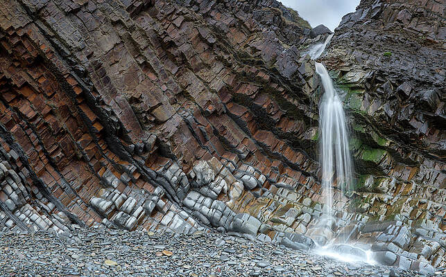Wall Art - Photograph - A Small Waterfall At Sandy Mouth Beach, Near Bude by Graham Eaton / Naturepl.com