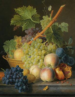 Wall Art - Painting - A Still Life With Grapes And Peaches In A Basket, An Open by Jan Frans Van Dael