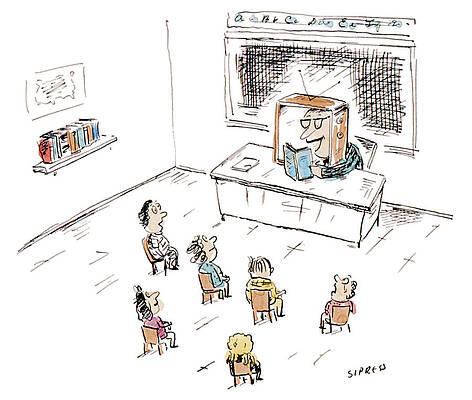 Wall Art - Drawing - A Teacher With A Tv For A Head Reads A Book To by David Sipress