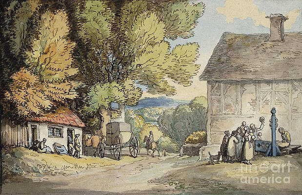 Wall Art - Drawing - A Village Green: A Carriage Halted Beneath A Tree, With A Man In The Stocks And A Group Of Onlookers by Thomas Rowlandson