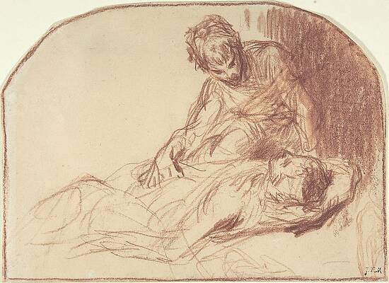 Wall Art - Drawing - A Young Man Seated, Bent Over A Reclining Figure by Jean-Francois Millet