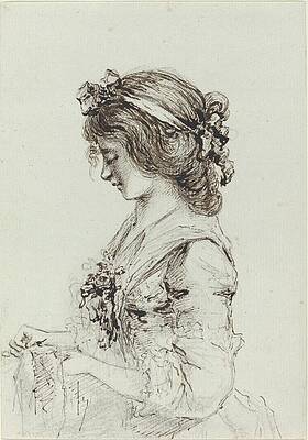 Wall Art - Drawing - A Young Woman Sewing by Vivant Denon