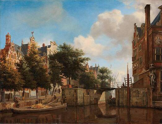 Wall Art - Painting - Amsterdam City View with Houses on the Herengracht and the old Haarlemmersluis. The Nieuwe Zijds ... by Jan Van Der Heyden