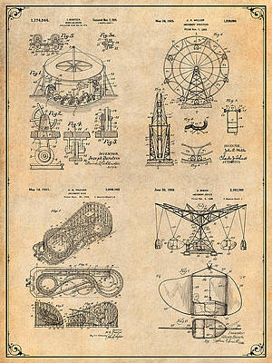 Wall Art - Drawing - Amusement Park Antique Paper Patent Print Set by Greg Edwards