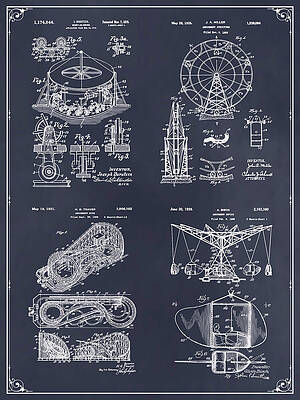 Wall Art - Drawing - Amusement Park Blackboard Patent Print Set by Greg Edwards