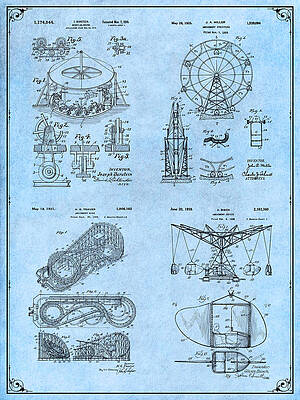 Wall Art - Drawing - Amusement Park Light Blue Patent Print Set by Greg Edwards