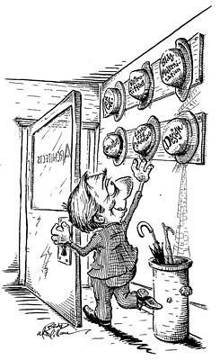 Wall Art - Drawing - Architect Reaching Up At Group Of Labeled Hats, 'design' by Brad Mcmillan