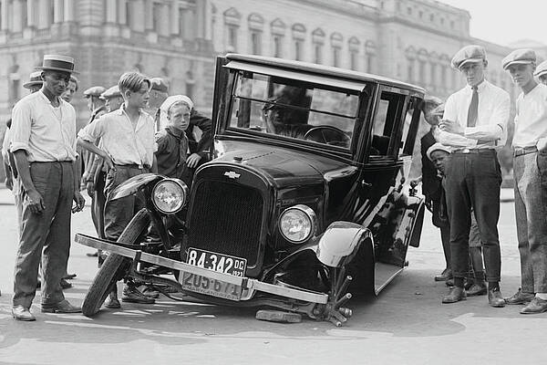 Wall Art - Painting - Automobile apparently hit the curb and cracked its front axel following which are attracted a group of onlookers by
