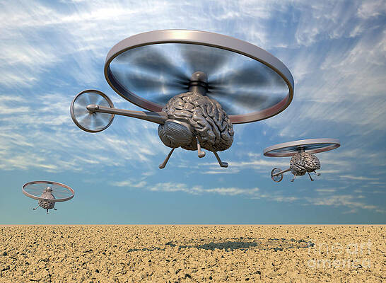 Wall Art - Digital Art - Autonomous Helicopter Robot Drones With Clouds by Russell Kightley