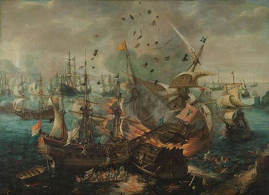 Wall Art - Painting - Battle of Gibraltar in 1607. The Explosion of the Spanish Flagship during the Battle of Gibraltar... by Cornelis Claesz van Wieringen Hendrik Cornelisz Vroom -rejected attribution-