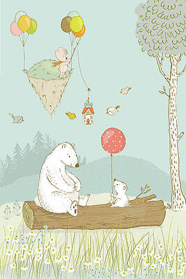 Wall Art - Painting - Bears relaxing and a floating island in the sky by Matthias Hauser