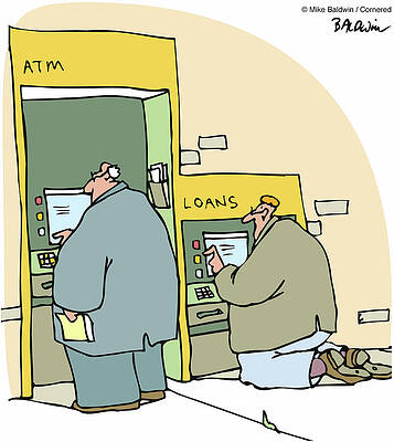 Wall Art - Drawing - Begging In Front Of A Loan Machine by Mike Baldwin