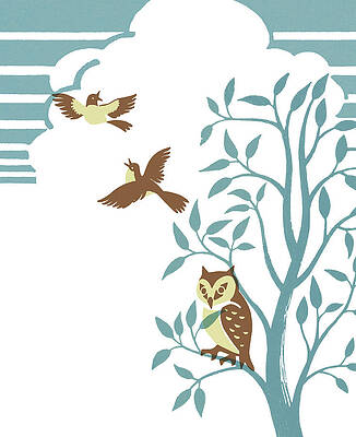 Wall Art - Drawing - Birds and Owl in Tree by CSA Images